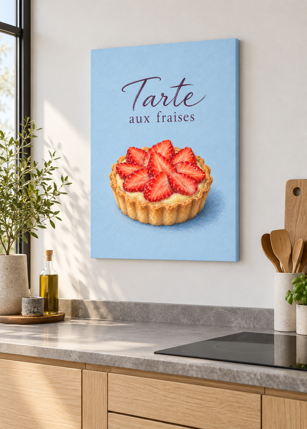 Tarte aux Fraises – matte rahmenlose Slim-Leinwand ohne Glas in moderner Küche