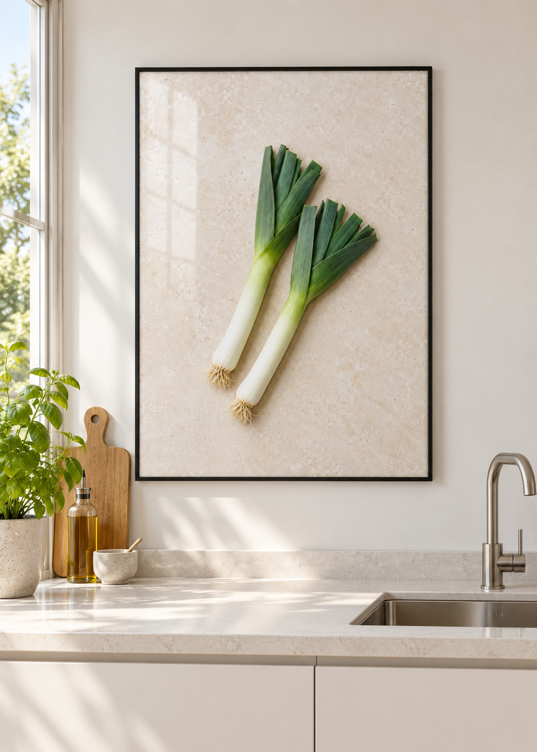 Lauch – Poster mit dünnem schwarzem Rahmen und Glas in moderner Küche