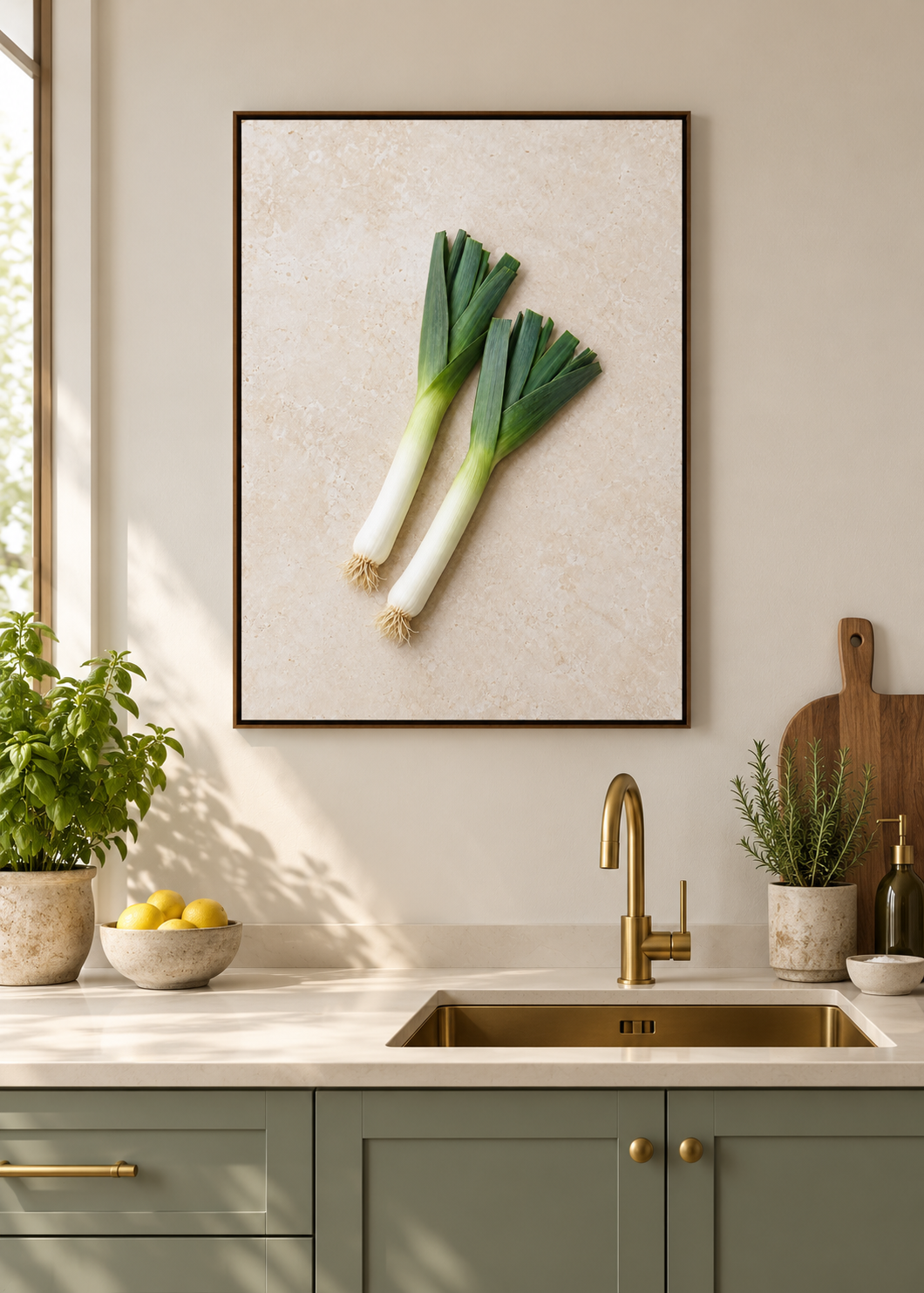 Lauch – matte Leinwand mit braunem Schattenfugenrahmen ohne Glas in moderner Küche