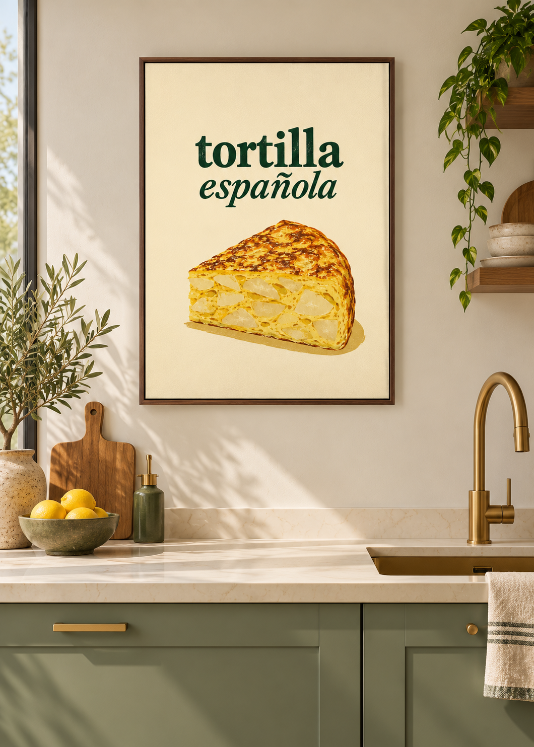 Tortilla Española – matte Leinwand mit braunem Schattenfugenrahmen ohne Glas in moderner Küche