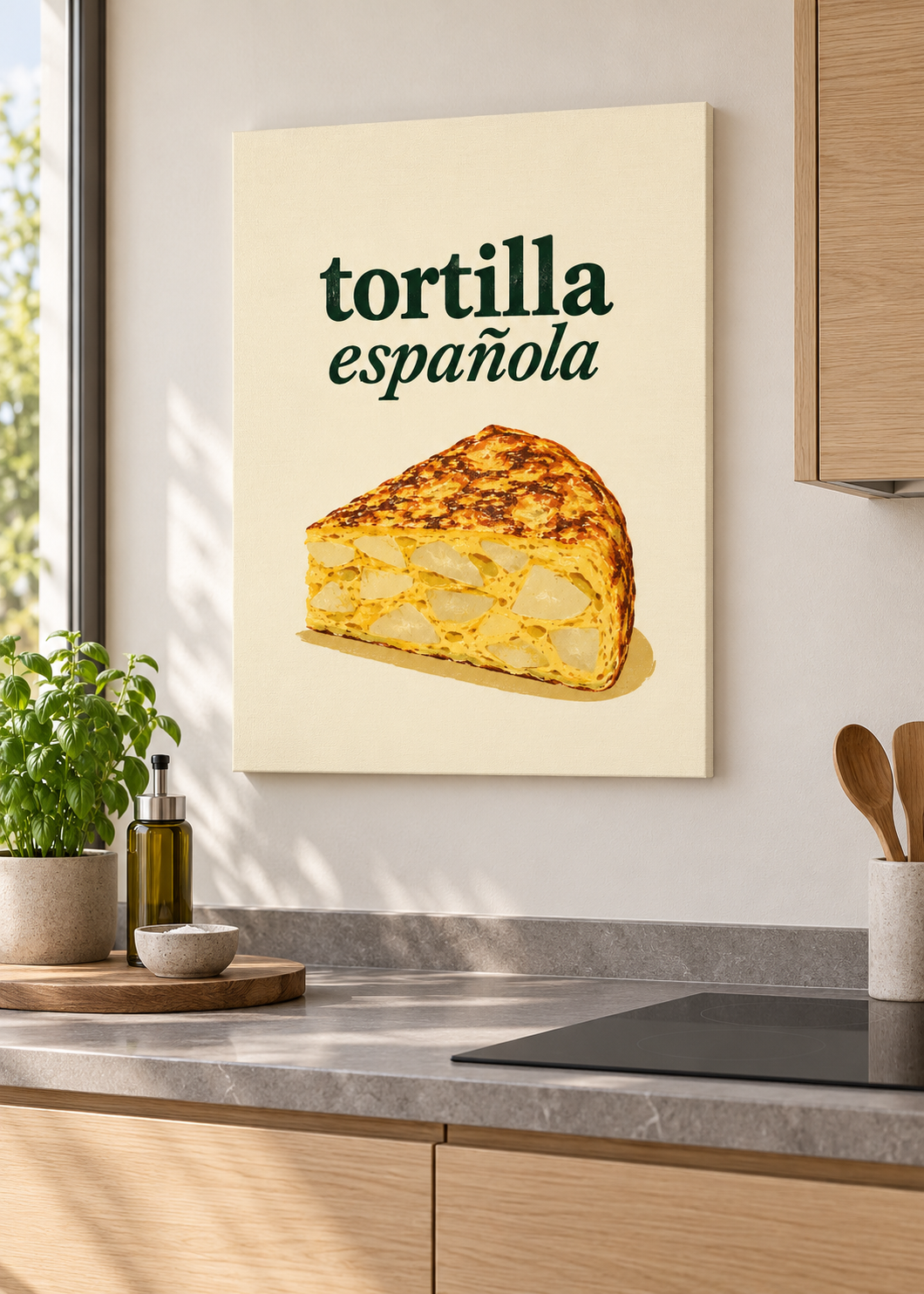 Tortilla Española – matte rahmenlose Slim-Leinwand ohne Glas in moderner Küche