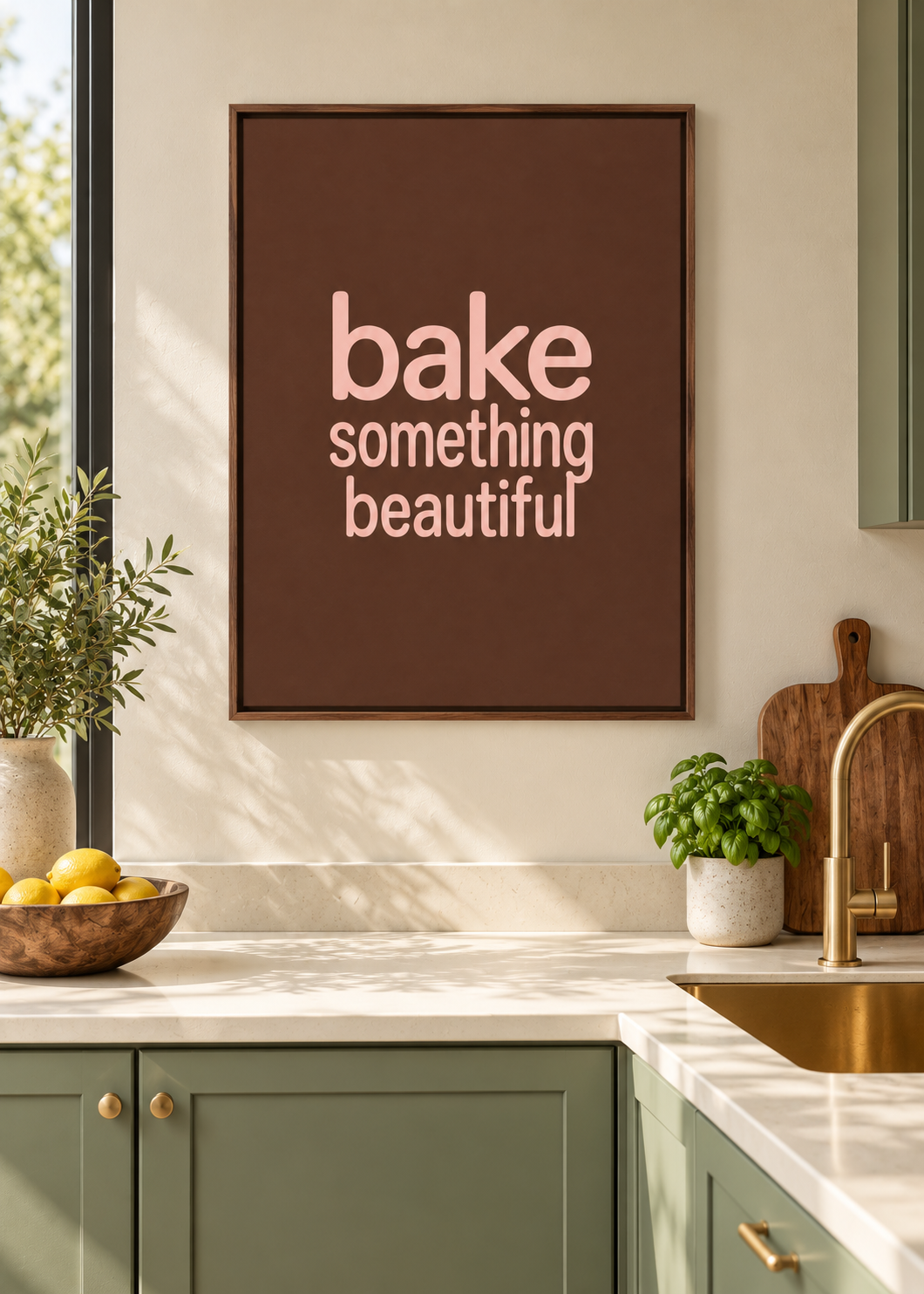 Bake Something Beautiful – matte Leinwand mit braunem Schattenfugenrahmen ohne Glas in moderner Küche