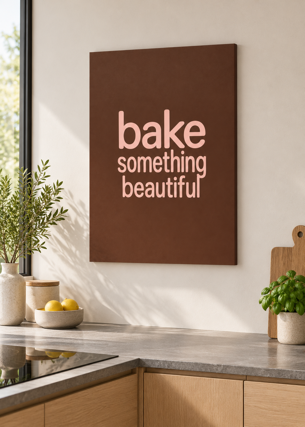 Bake Something Beautiful – matte rahmenlose Slim-Leinwand ohne Glas in moderner Küche