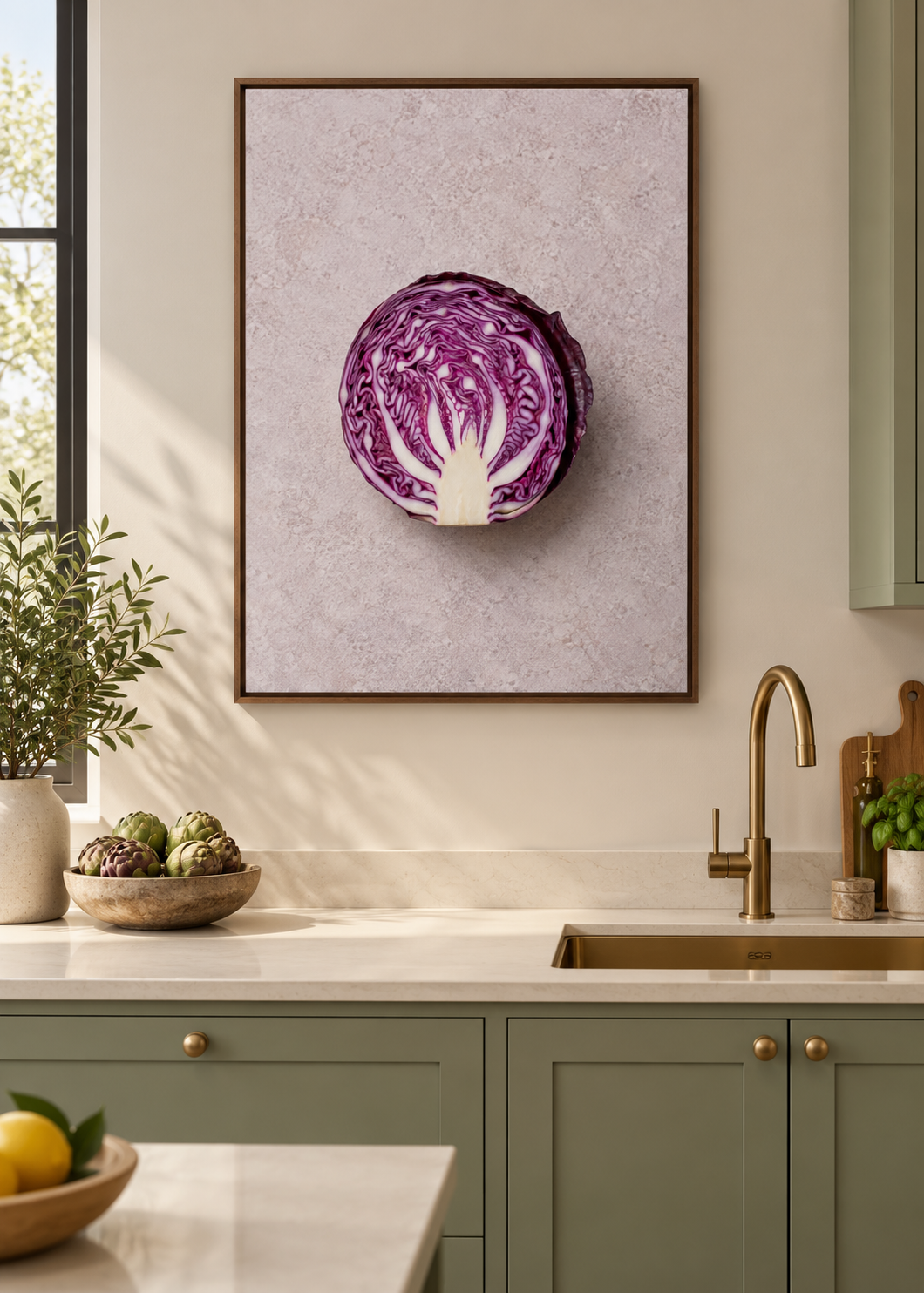 Rotkohl – matte Leinwand mit braunem Schattenfugenrahmen ohne Glas in moderner Küche