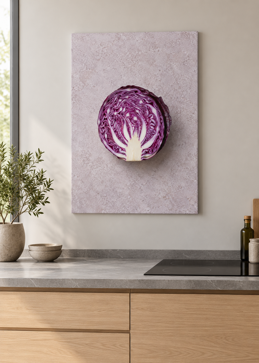Rotkohl – matte rahmenlose Slim-Leinwand ohne Glas in moderner Küche