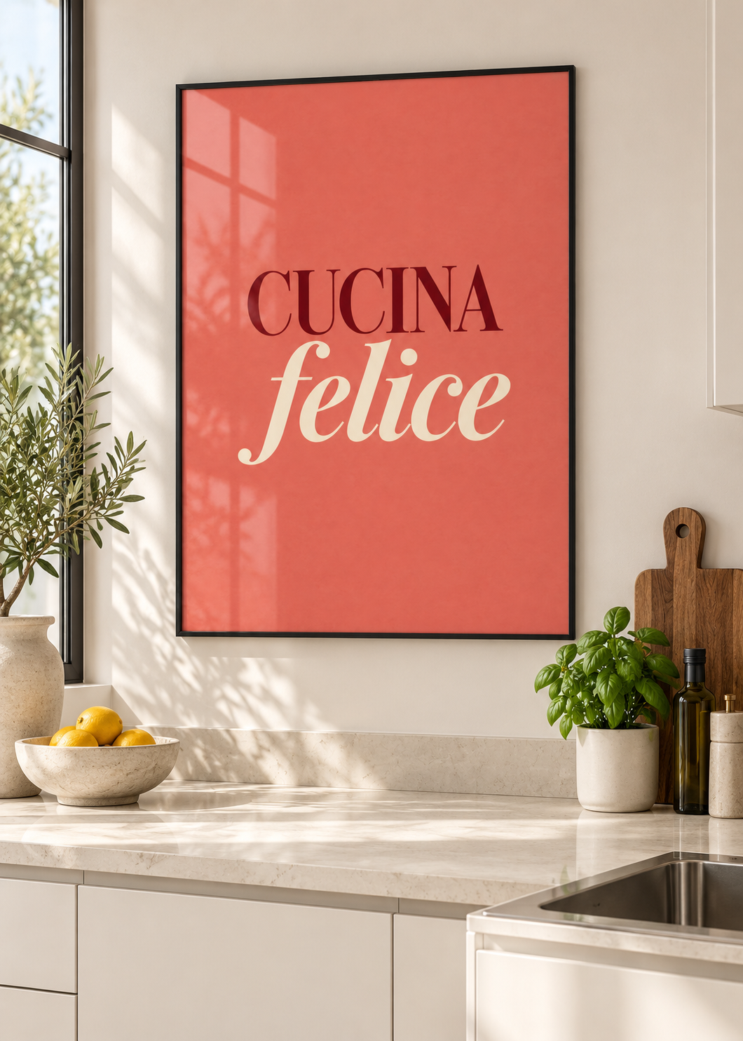 Cucina Felice – Poster mit dünnem schwarzem Rahmen und Glas in moderner Küche