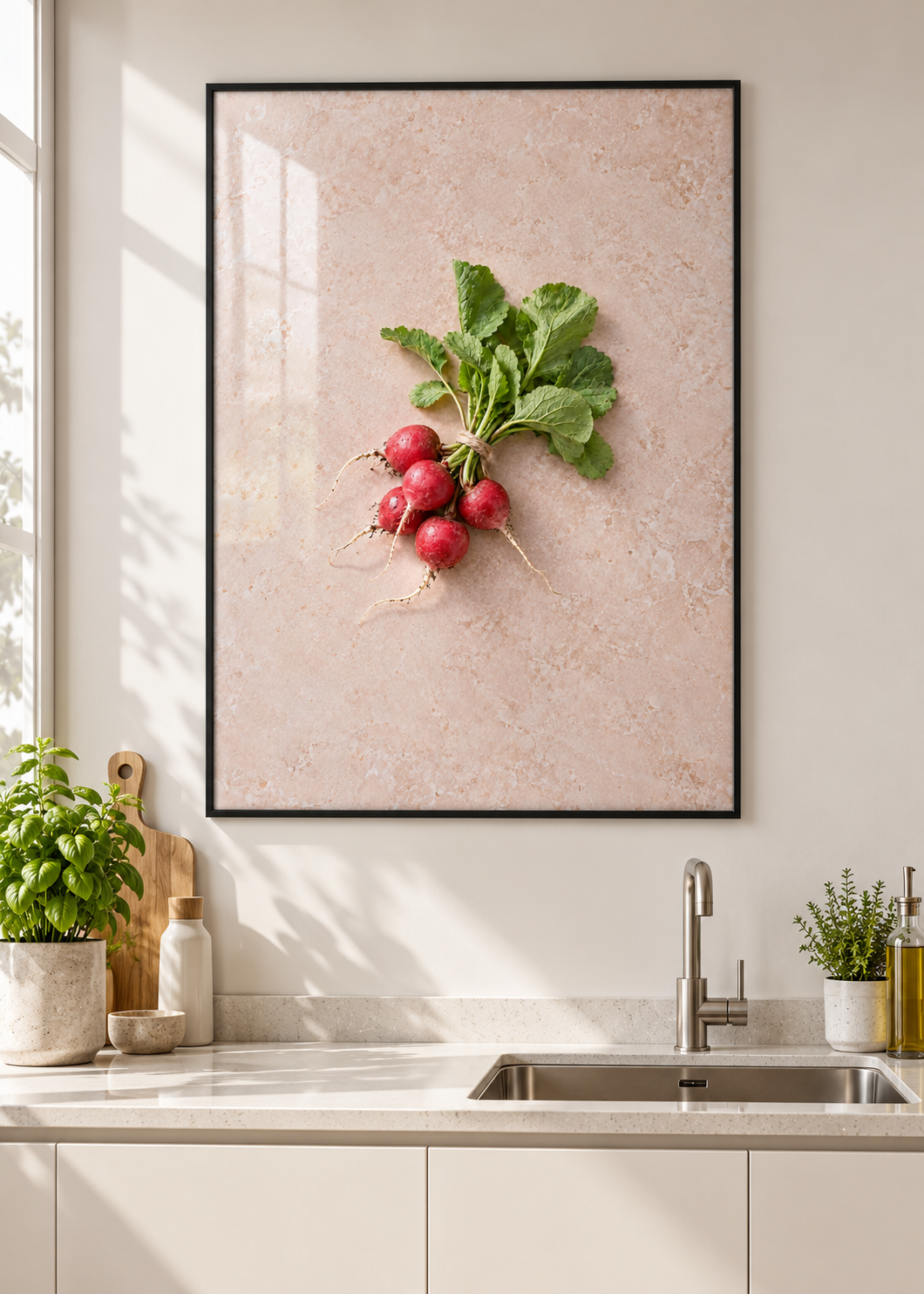 Radieschen – Poster mit dünnem schwarzem Rahmen und Glas in moderner Küche