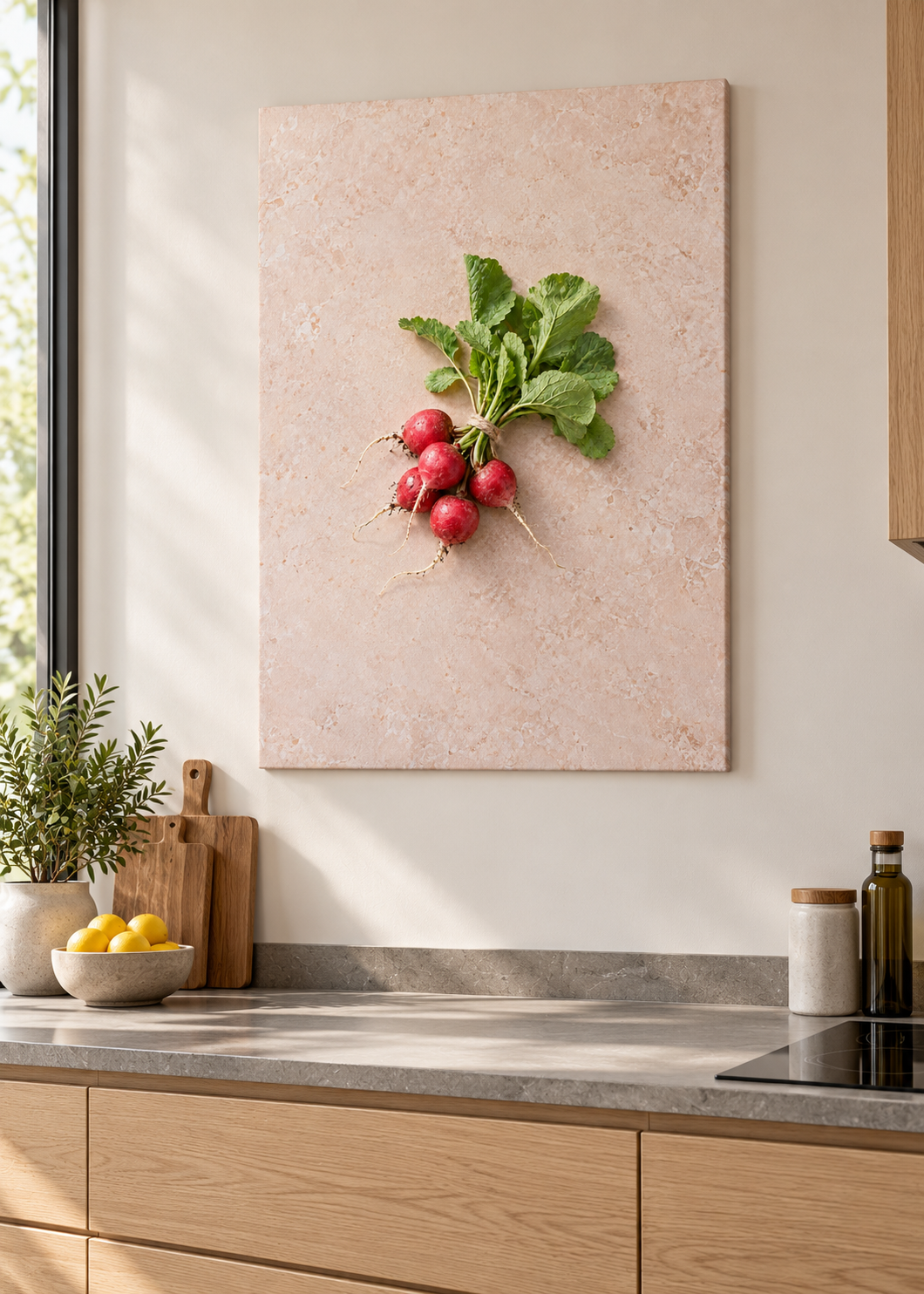 Radieschen – matte rahmenlose Slim-Leinwand ohne Glas in moderner Küche