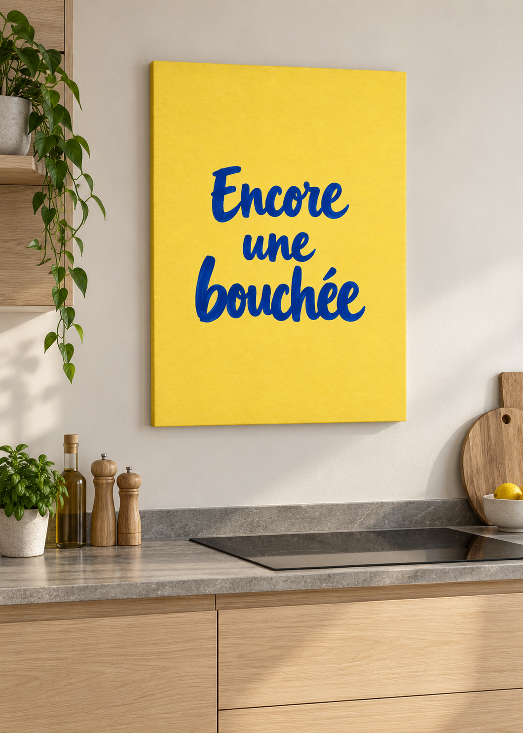 Encore une Bouchée – matte rahmenlose Slim-Leinwand ohne Glas in moderner Küche