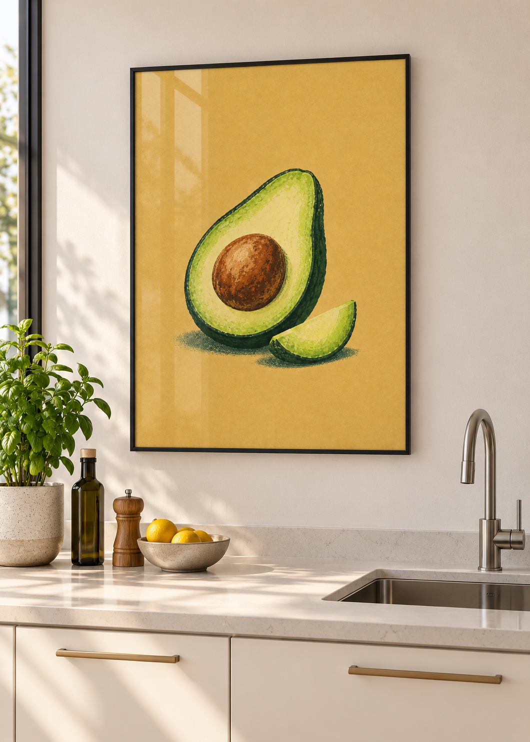 Avocado – Poster mit dünnem schwarzem Rahmen und Glas in moderner Küche