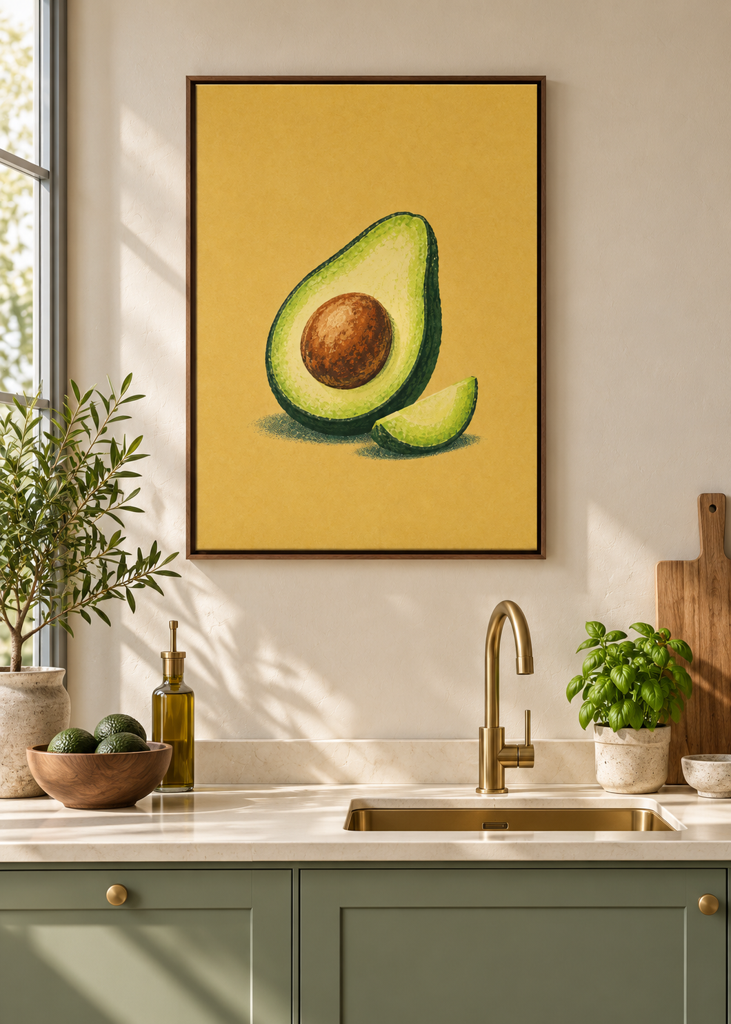 Avocado – matte Leinwand mit braunem Schattenfugenrahmen ohne Glas in moderner Küche