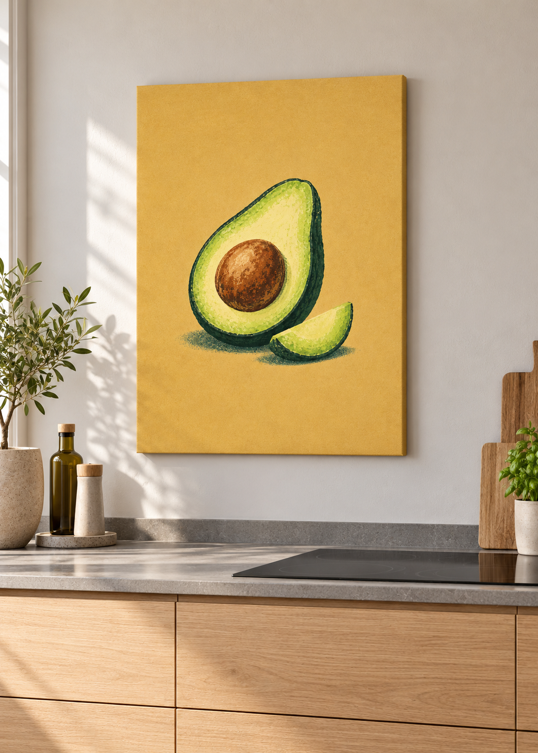 Avocado – matte rahmenlose Slim-Leinwand ohne Glas in moderner Küche