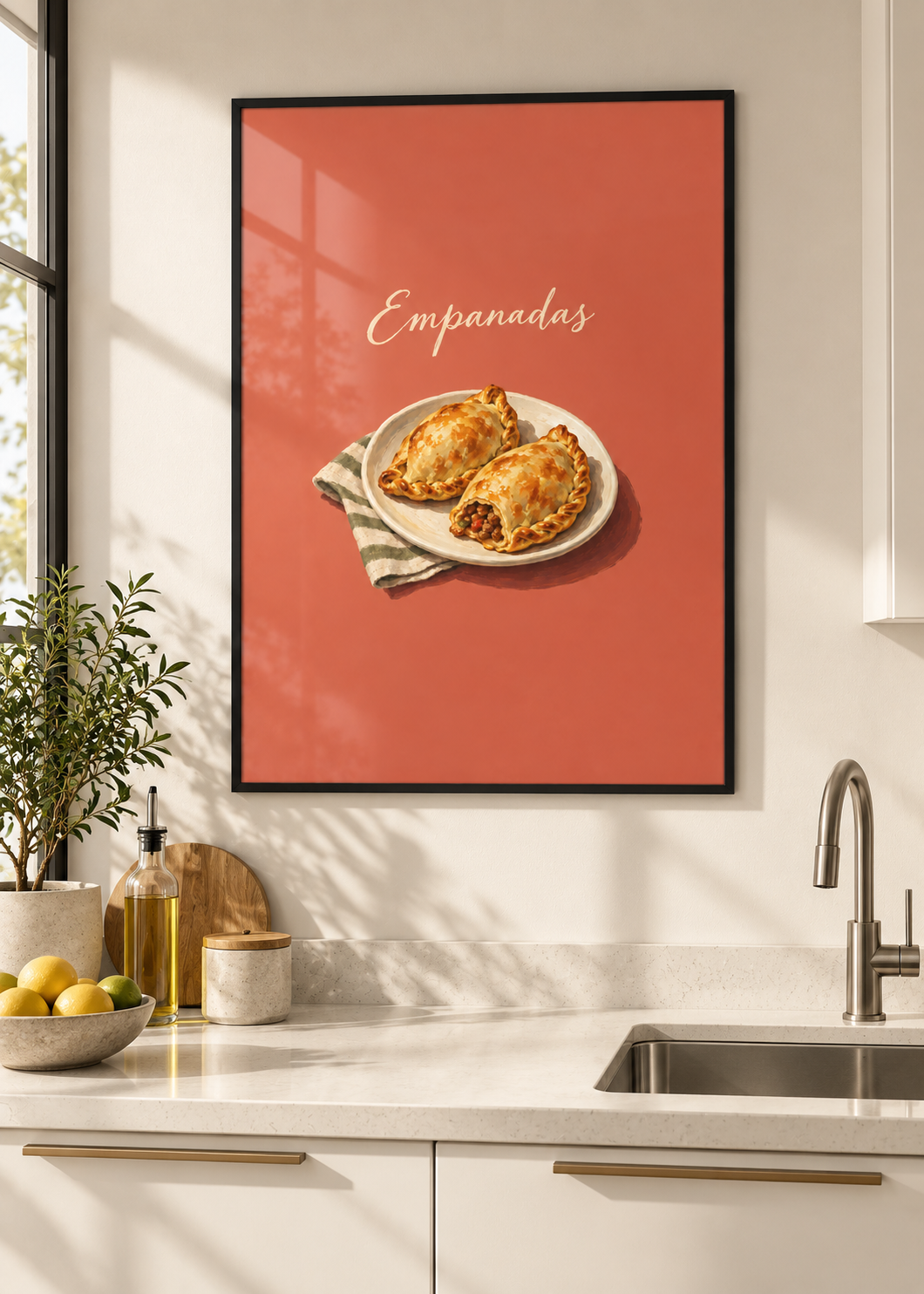 Empanadas – Poster mit dünnem schwarzem Rahmen und Glas in moderner Küche