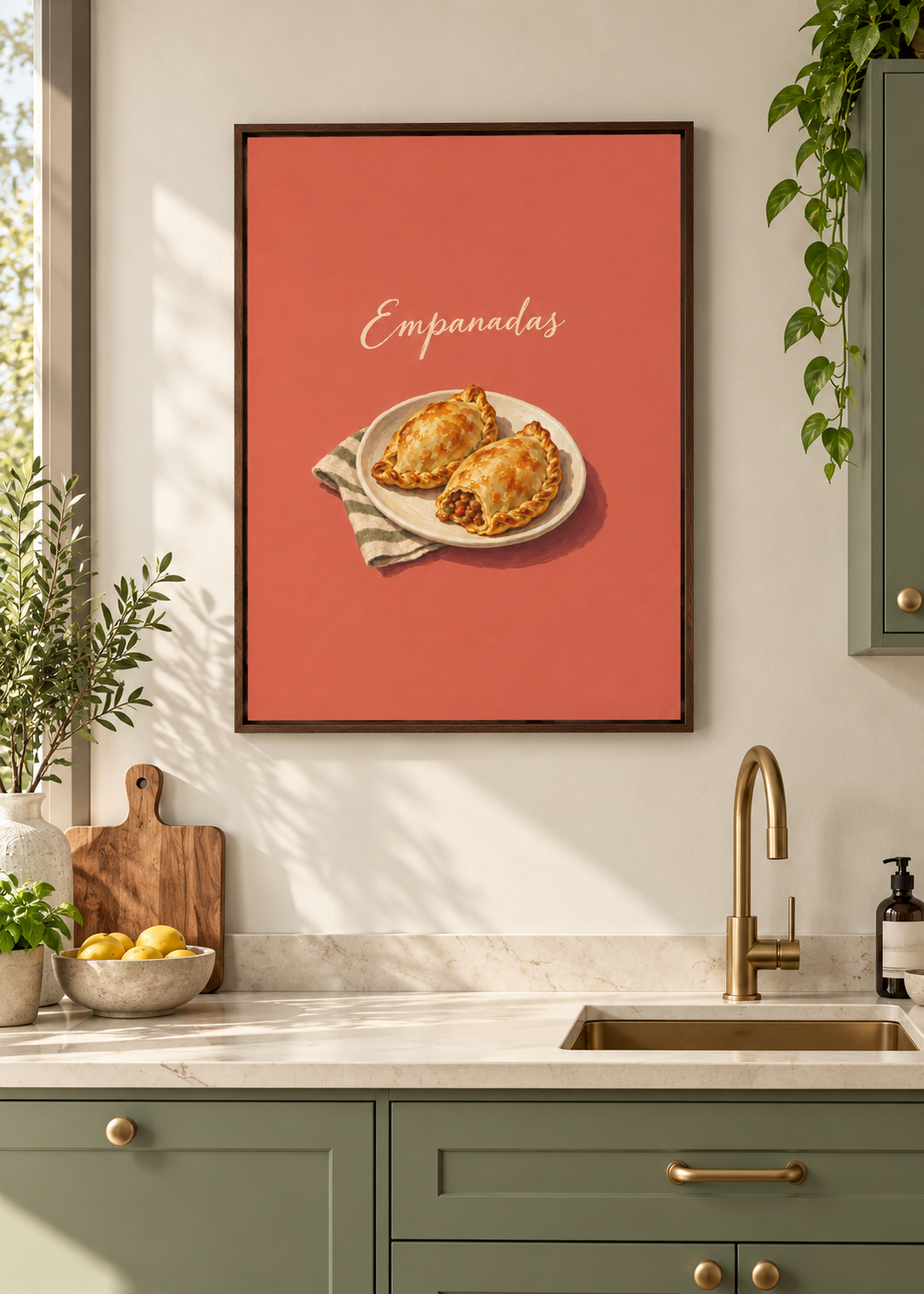 Empanadas – matte Leinwand mit braunem Schattenfugenrahmen ohne Glas in moderner Küche