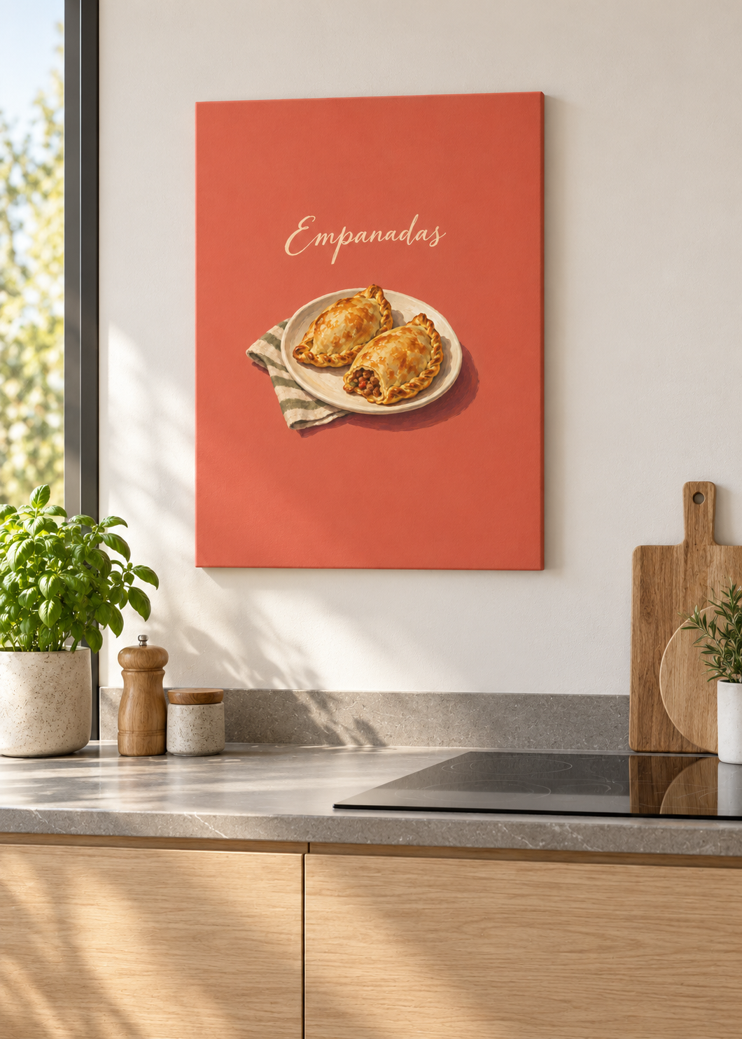 Empanadas – matte rahmenlose Slim-Leinwand ohne Glas in moderner Küche