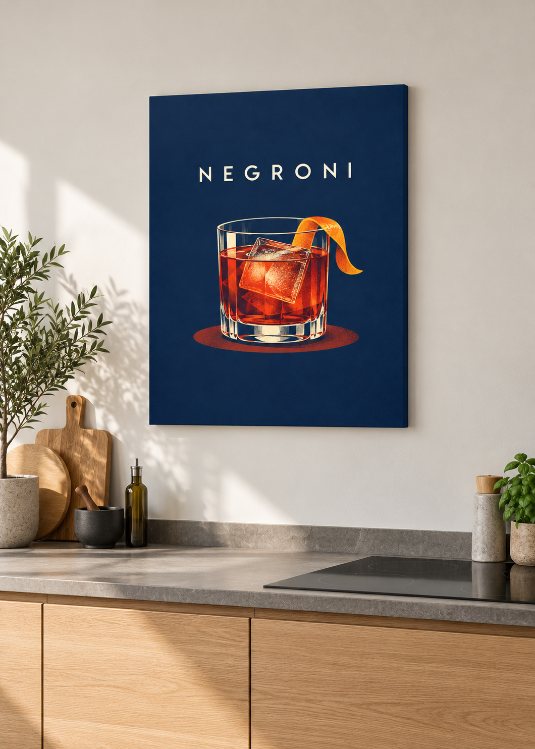 Negroni – matte rahmenlose Slim-Leinwand ohne Glas in moderner Küche