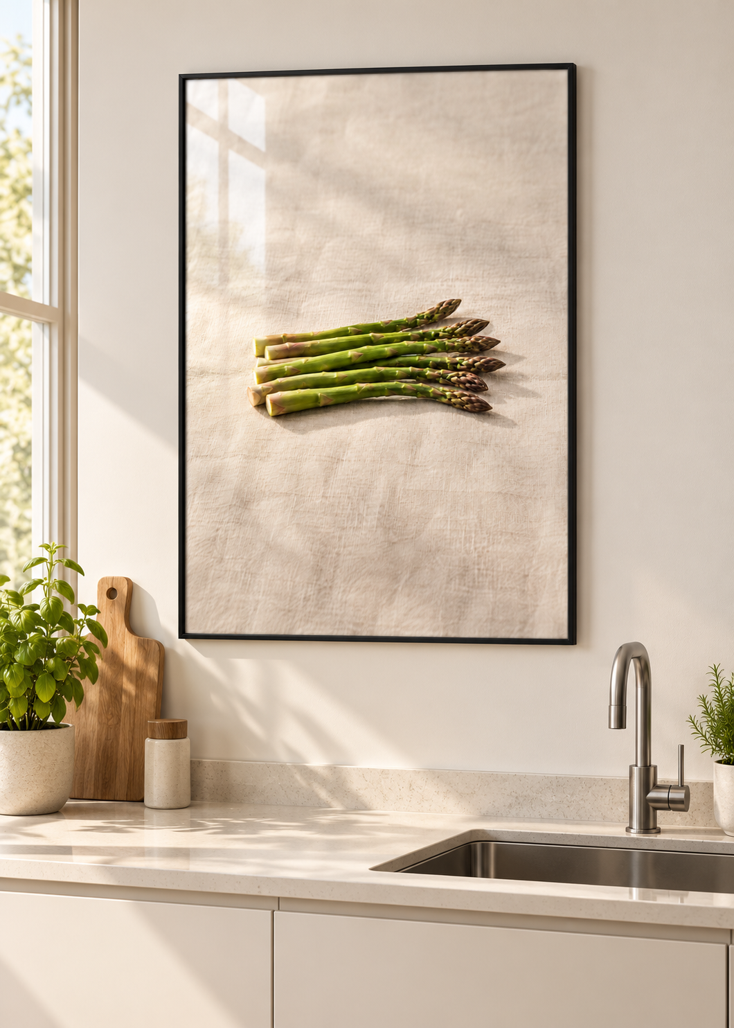 Spargel – Poster mit dünnem schwarzem Rahmen und Glas in moderner Küche