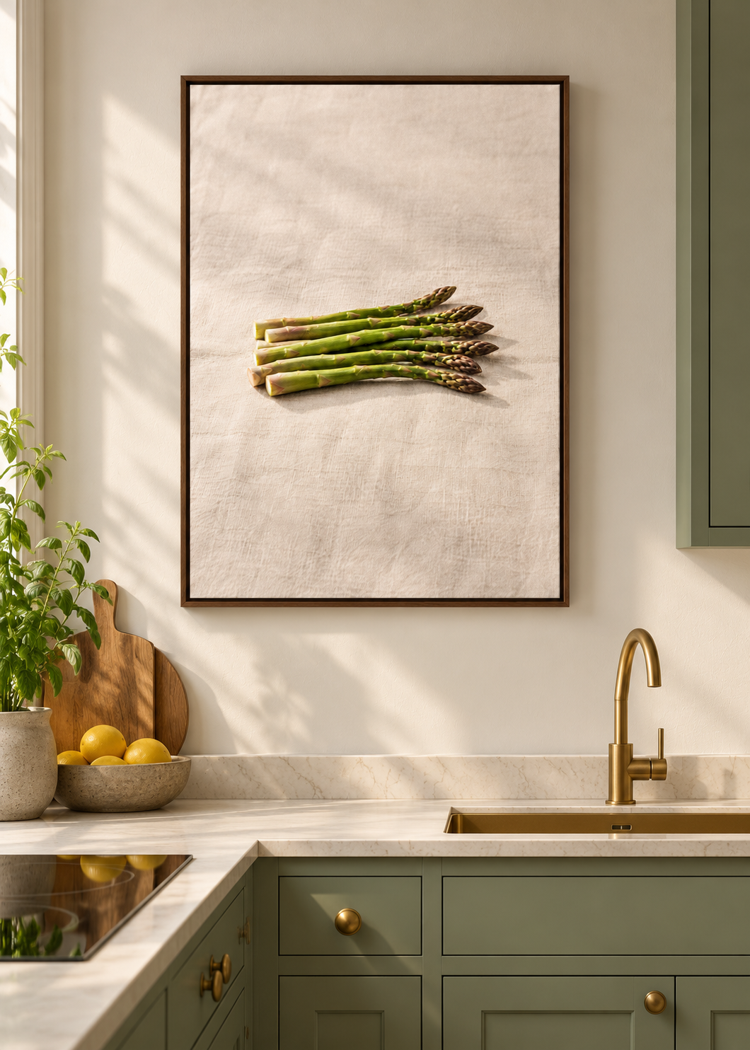 Spargel – matte Leinwand mit braunem Schattenfugenrahmen ohne Glas in moderner Küche