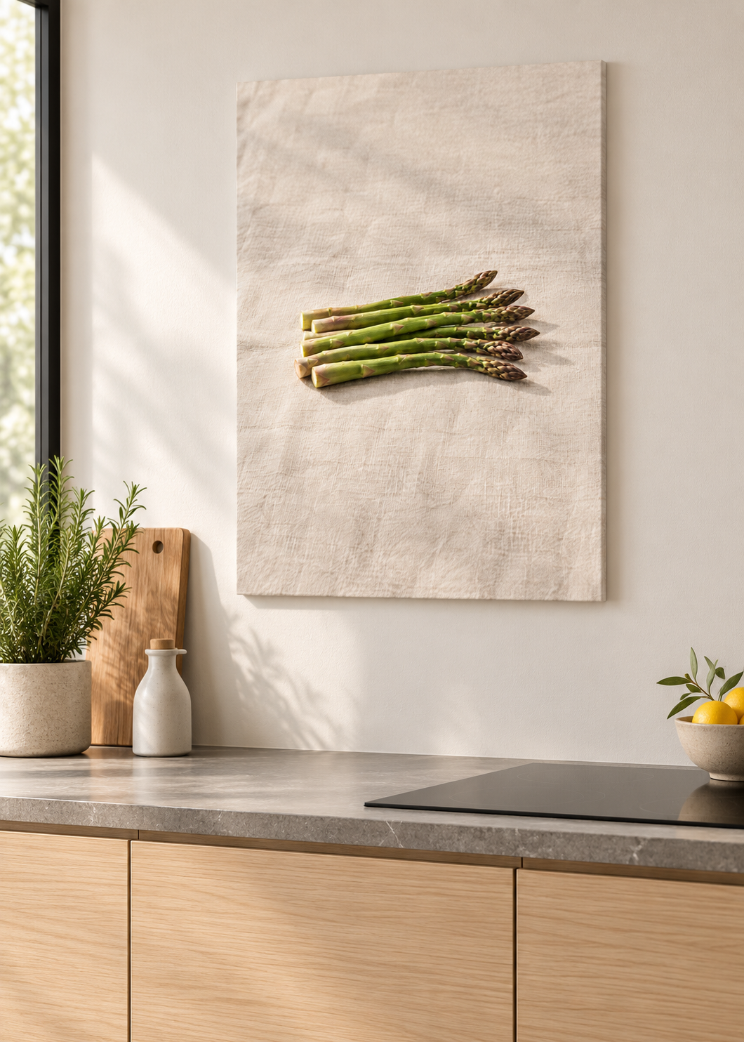 Spargel – matte rahmenlose Slim-Leinwand ohne Glas in moderner Küche