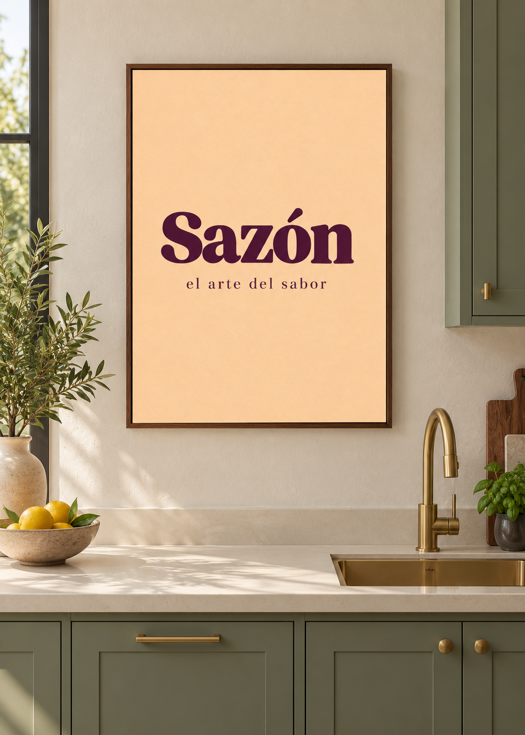 Sazón – matte Leinwand mit braunem Schattenfugenrahmen ohne Glas in moderner Küche