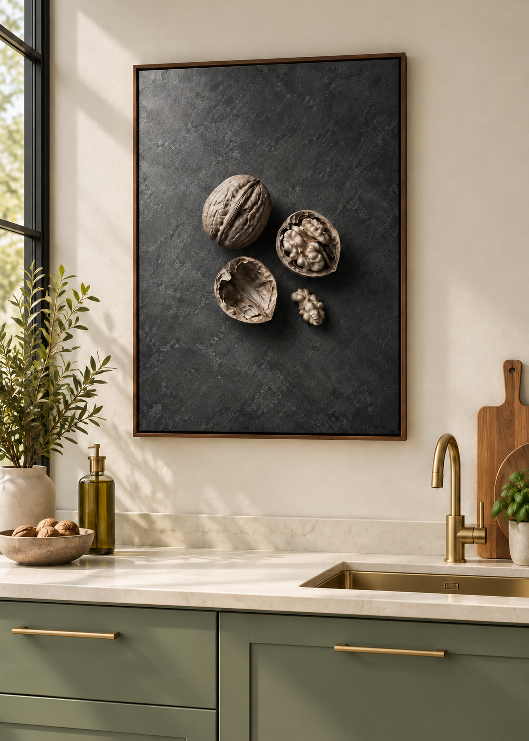 Walnüsse – matte Leinwand mit braunem Schattenfugenrahmen ohne Glas in moderner Küche