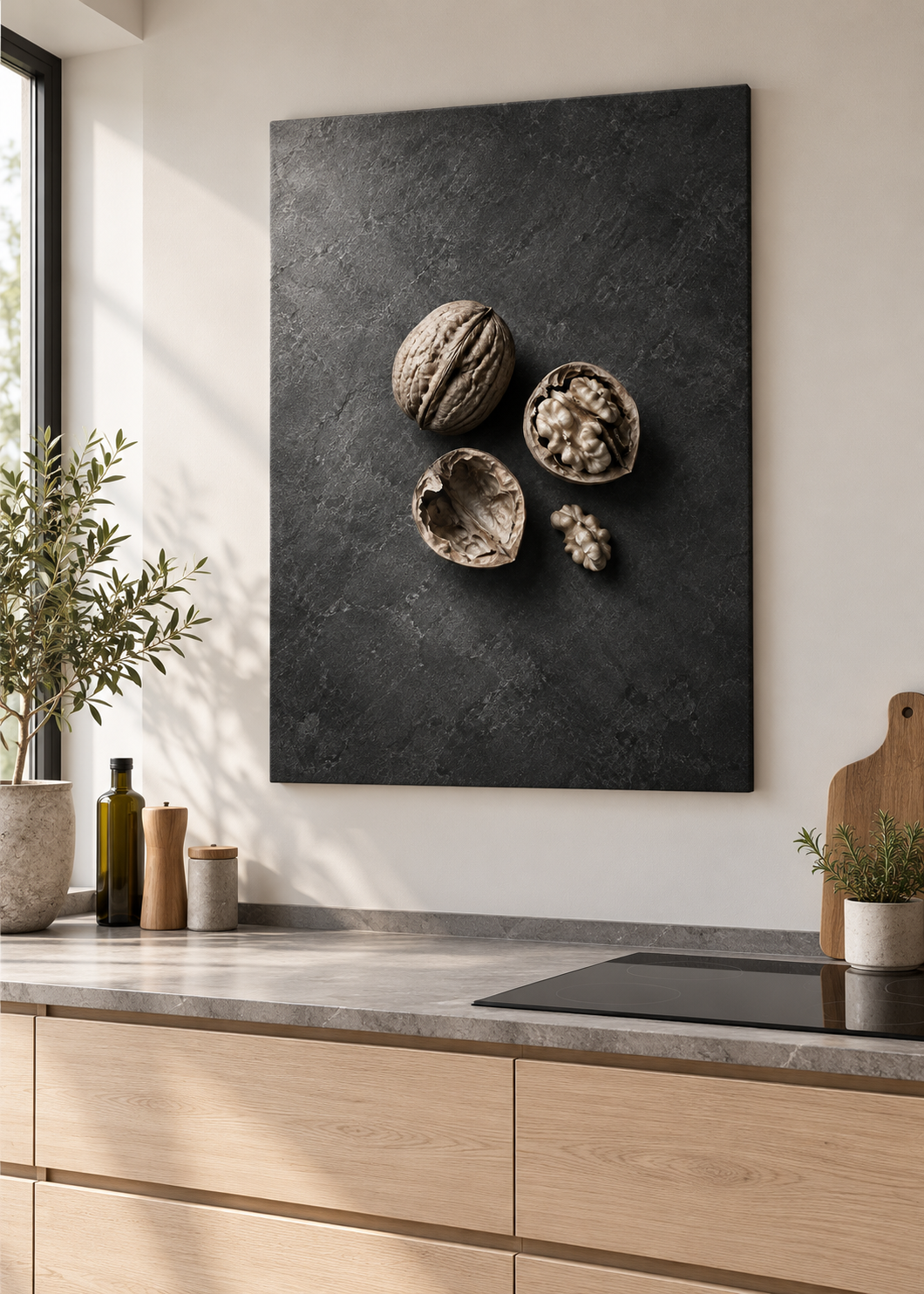 Walnüsse – matte rahmenlose Slim-Leinwand ohne Glas in moderner Küche