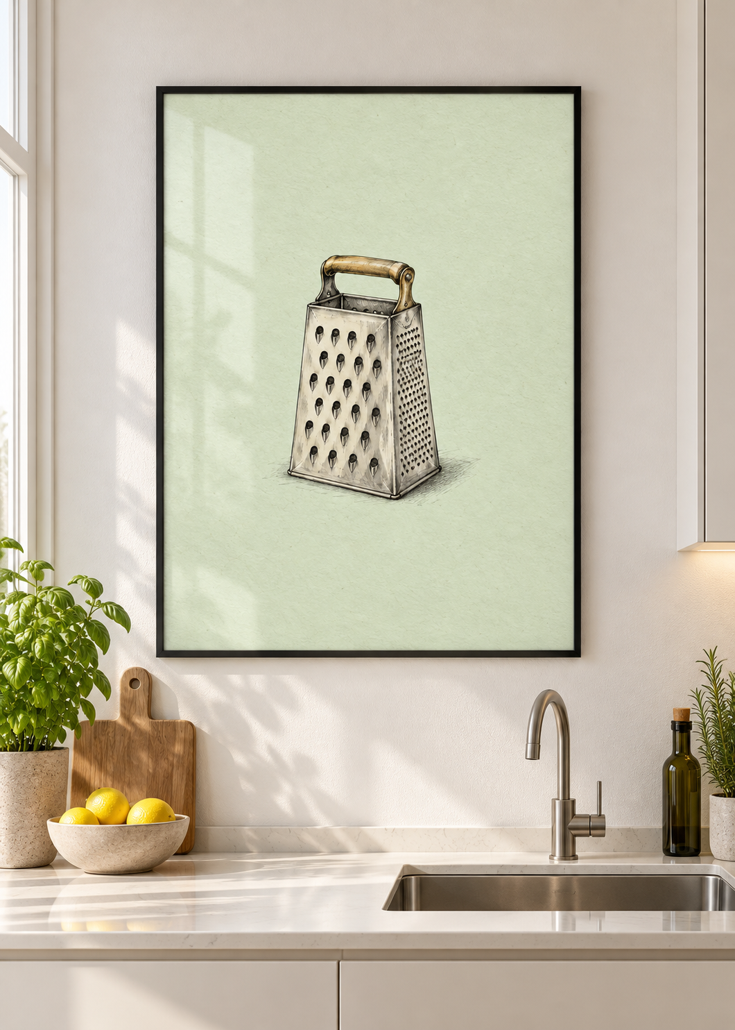 Küchenreibe – Poster mit dünnem schwarzem Rahmen und Glas in moderner Küche
