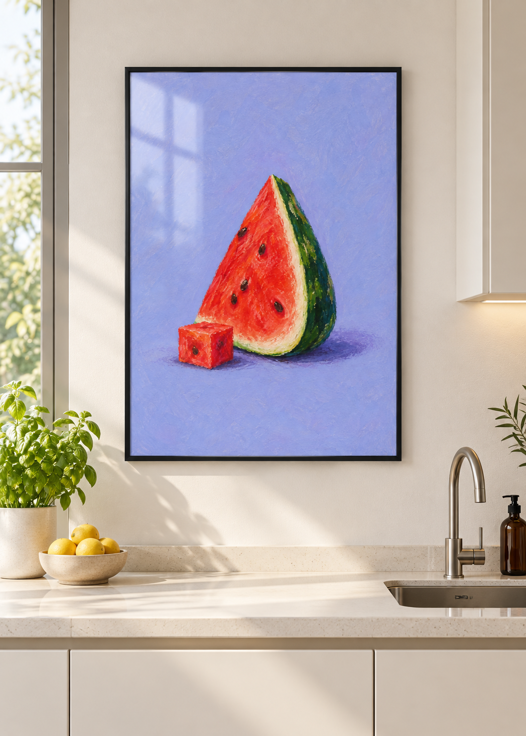 Wassermelone – Poster mit dünnem schwarzem Rahmen und Glas in moderner Küche