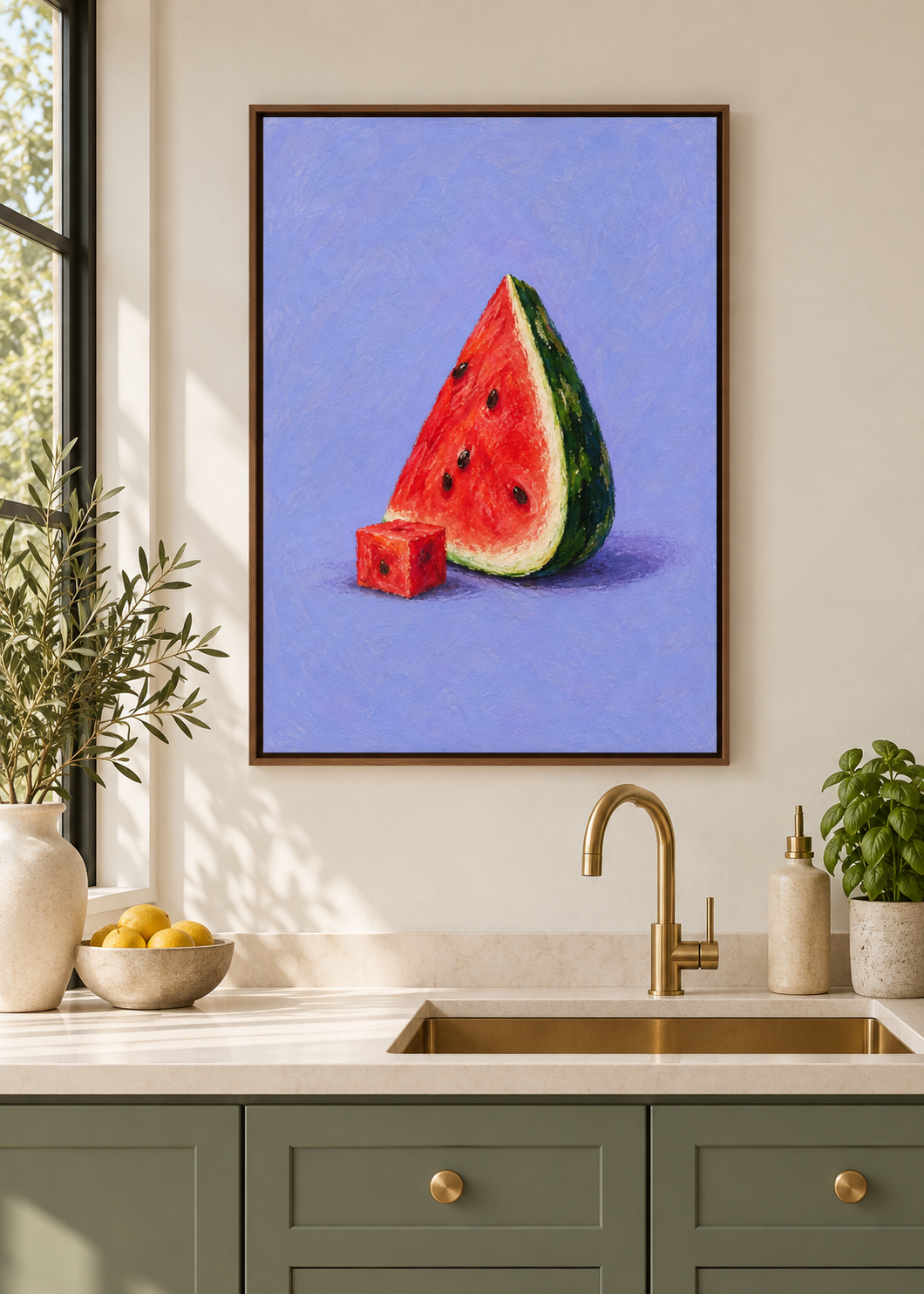 Wassermelone – matte Leinwand mit braunem Schattenfugenrahmen ohne Glas in moderner Küche