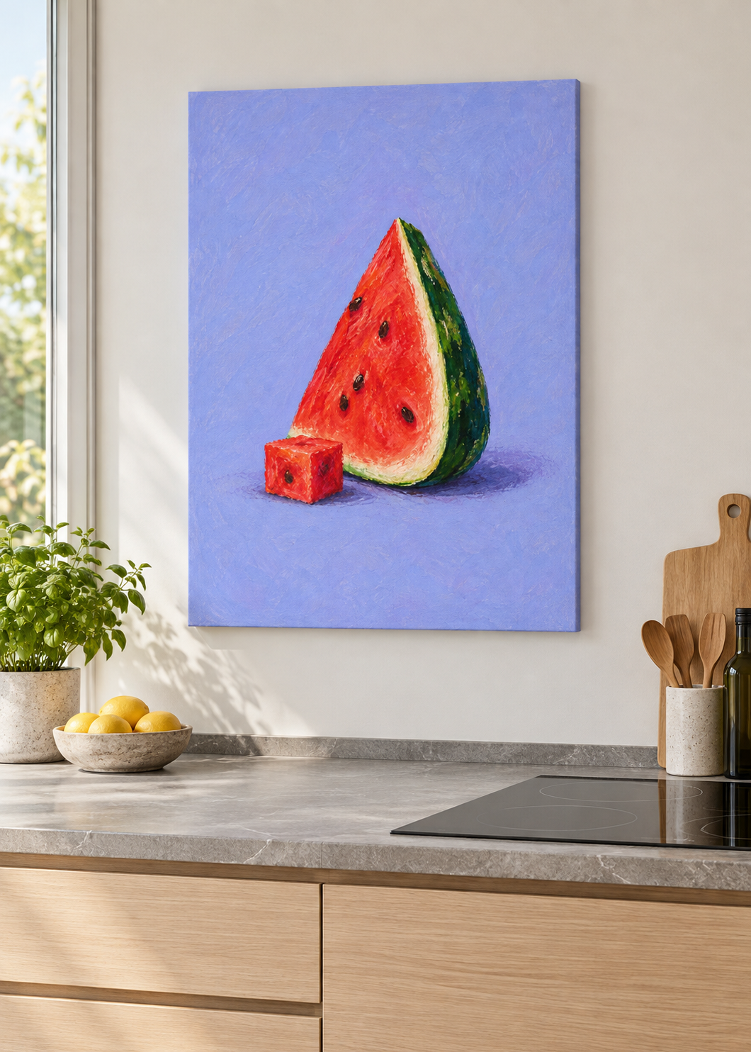 Wassermelone – matte rahmenlose Slim-Leinwand ohne Glas in moderner Küche