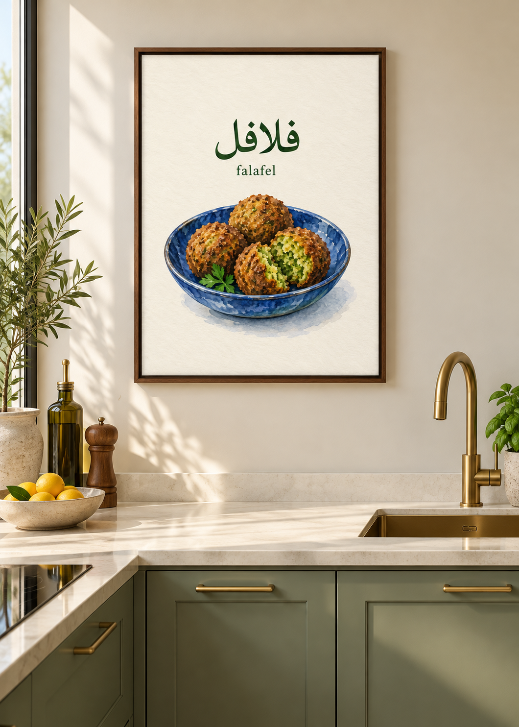 Falafel – matte Leinwand mit braunem Schattenfugenrahmen ohne Glas in moderner Küche