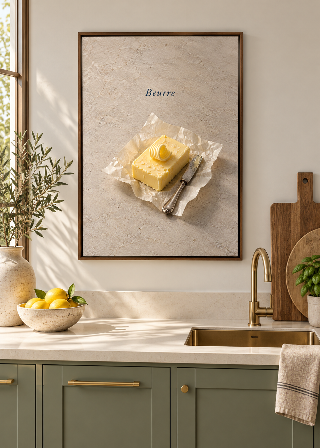 Beurre – matte Leinwand mit braunem Schattenfugenrahmen ohne Glas in moderner Küche
