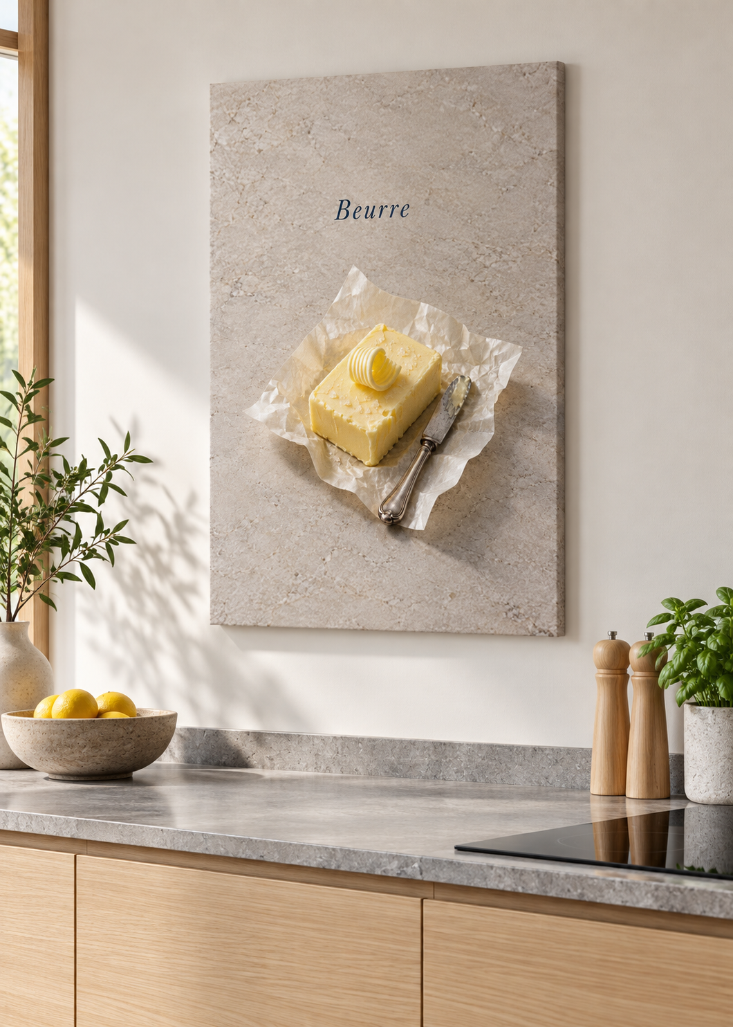 Beurre – matte rahmenlose Slim-Leinwand ohne Glas in moderner Küche