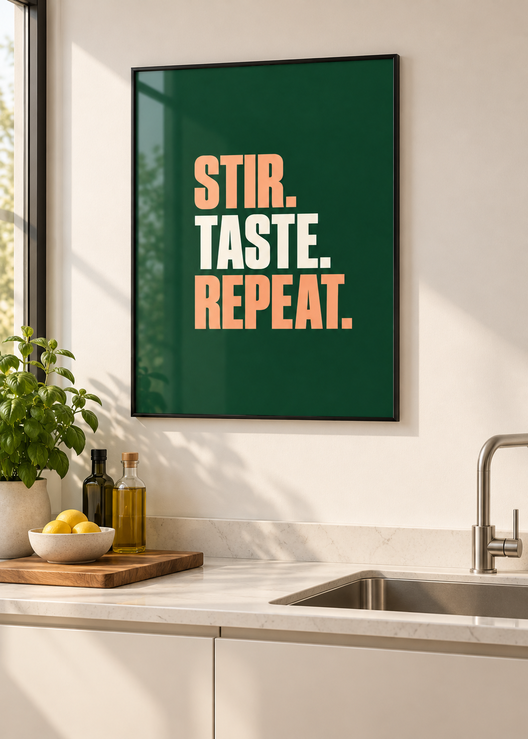 Stir. Taste. Repeat. – Poster mit dünnem schwarzem Rahmen und Glas in moderner Küche