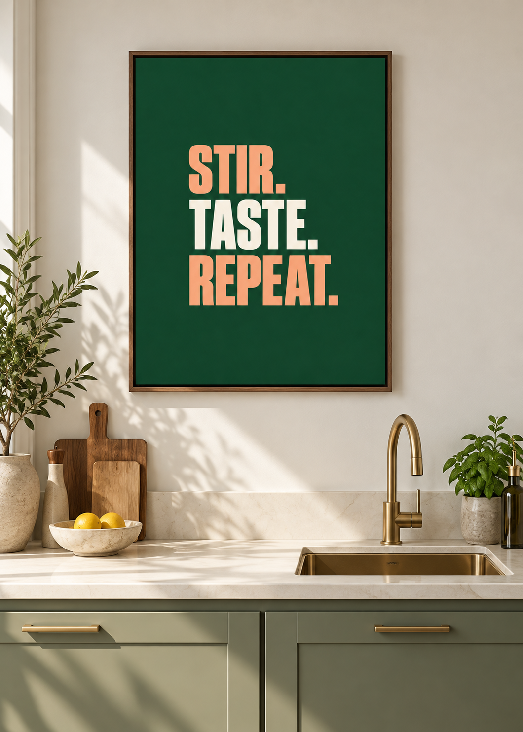 Stir. Taste. Repeat. – matte Leinwand mit braunem Schattenfugenrahmen ohne Glas in moderner Küche