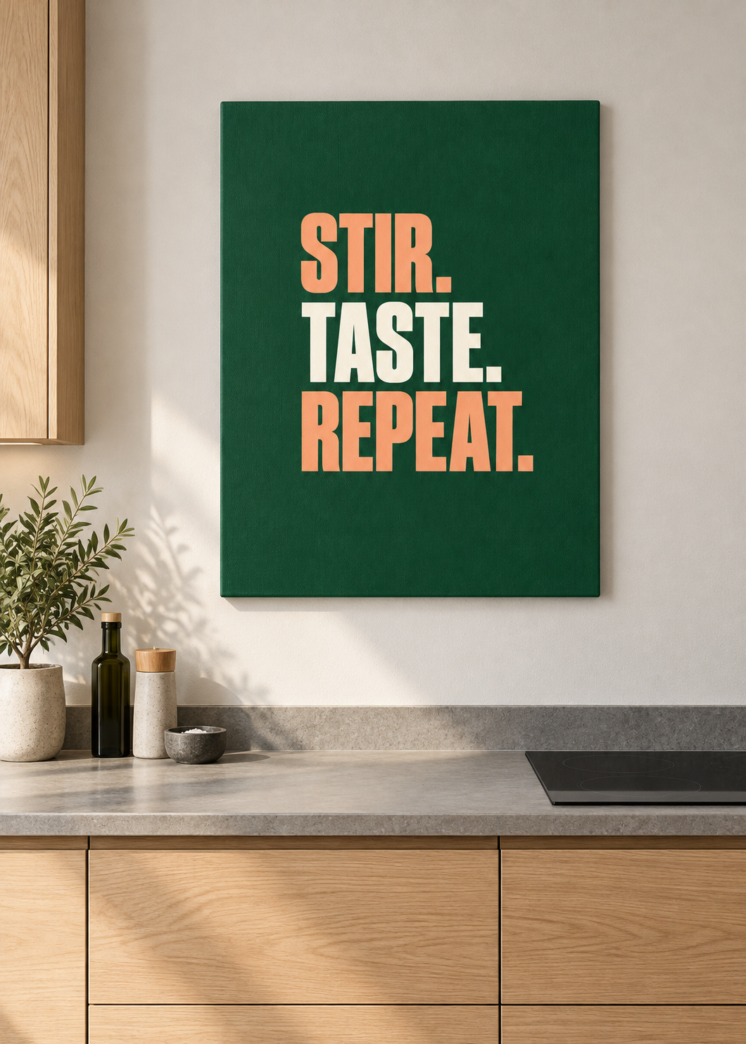 Stir. Taste. Repeat. – matte rahmenlose Slim-Leinwand ohne Glas in moderner Küche