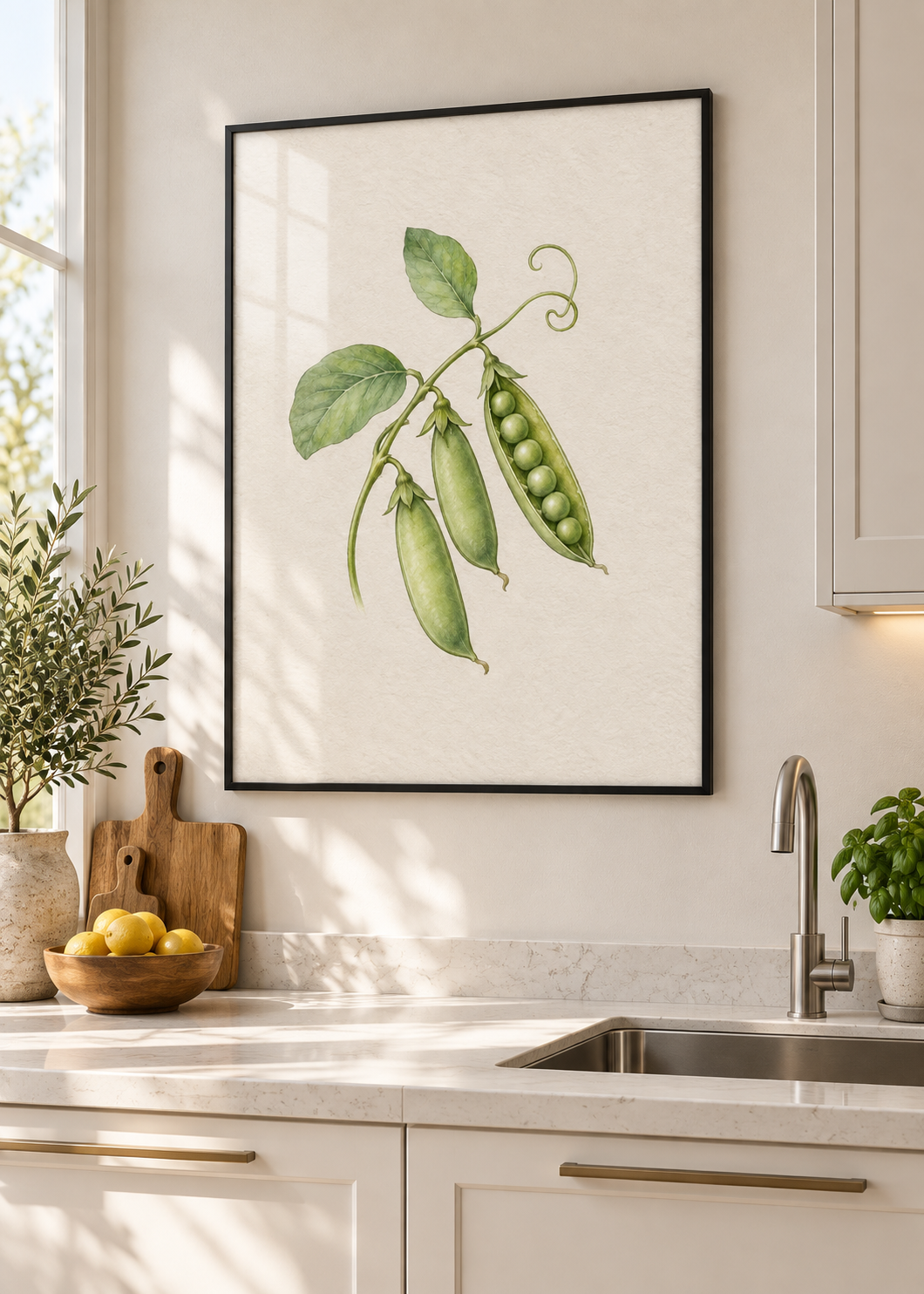 Zuckererbsen – Poster mit dünnem schwarzem Rahmen und Glas in moderner Küche