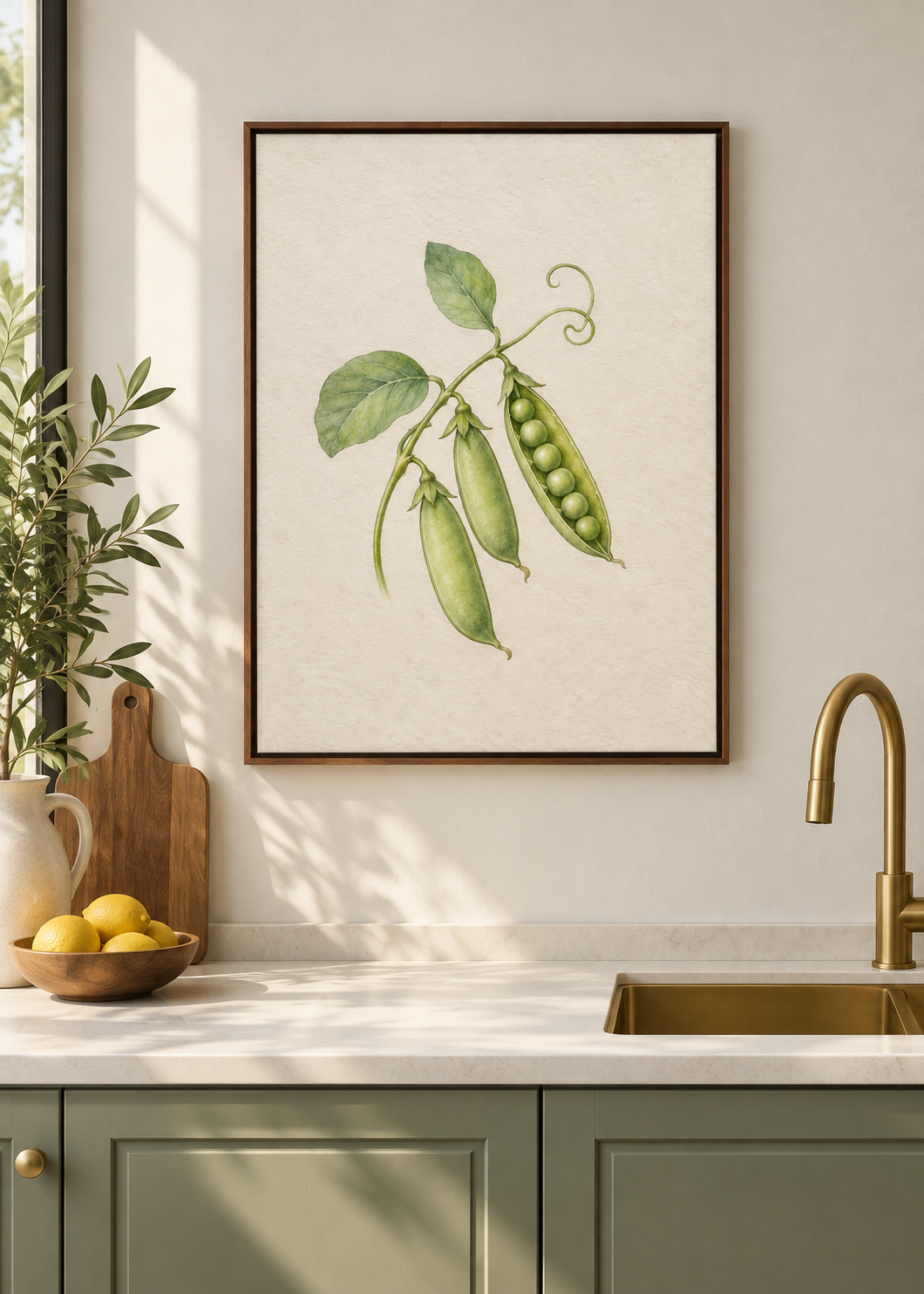 Zuckererbsen – matte Leinwand mit braunem Schattenfugenrahmen ohne Glas in moderner Küche