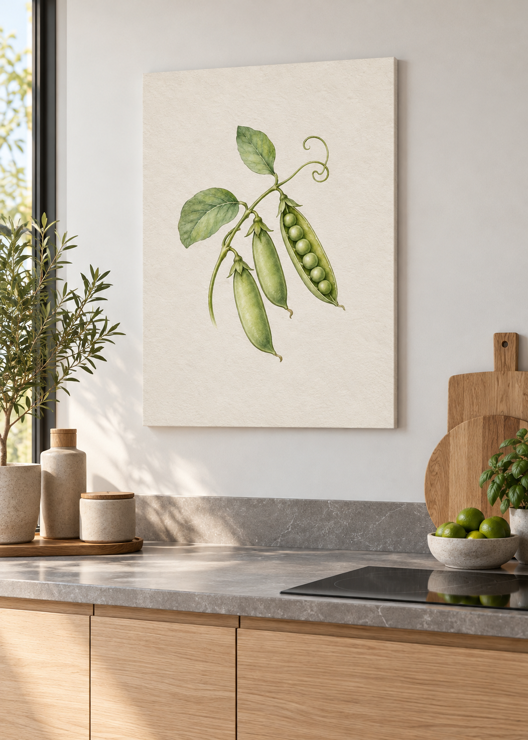 Zuckererbsen – matte rahmenlose Slim-Leinwand ohne Glas in moderner Küche