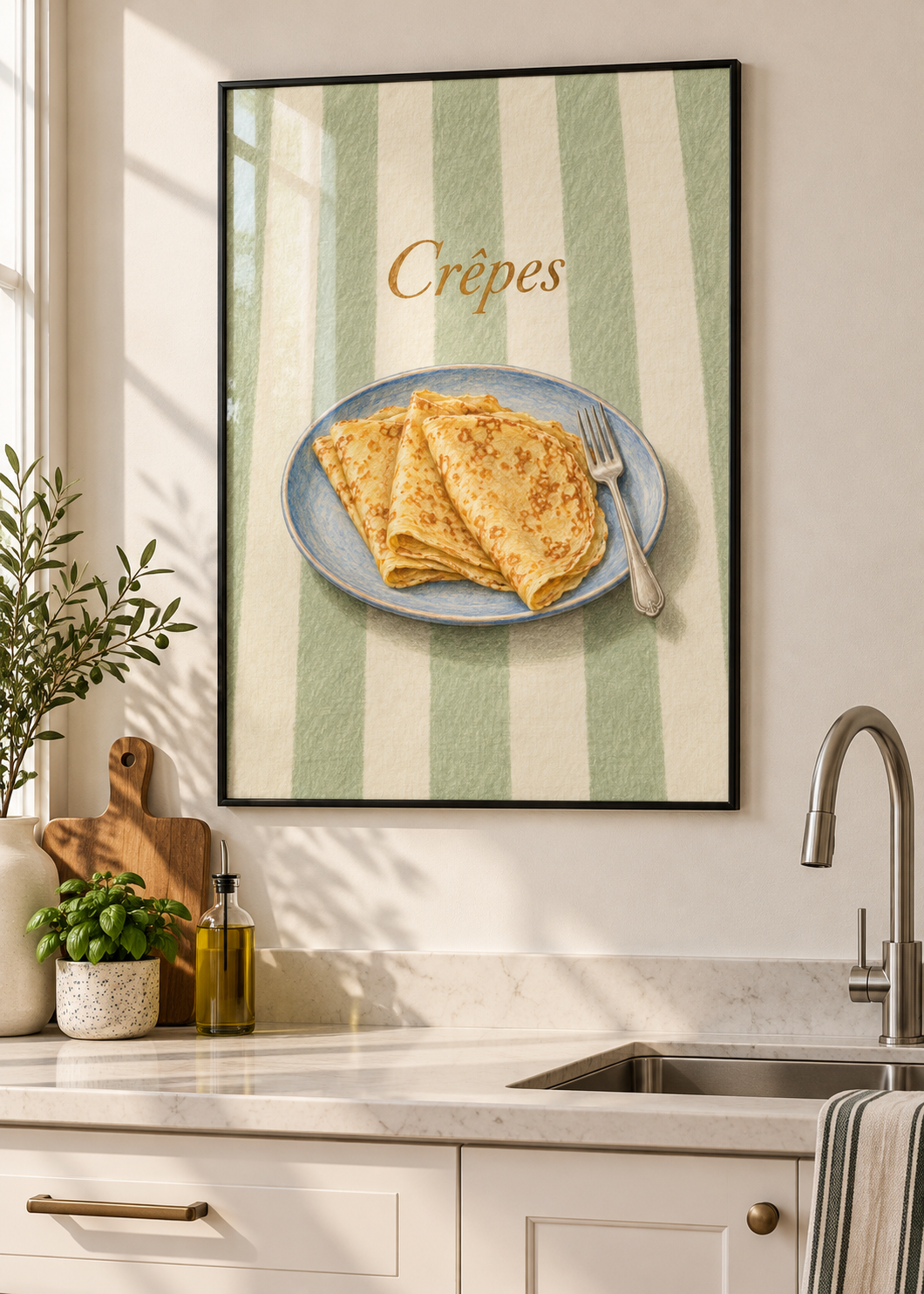 Crêpes – Poster mit dünnem schwarzem Rahmen und Glas in moderner Küche