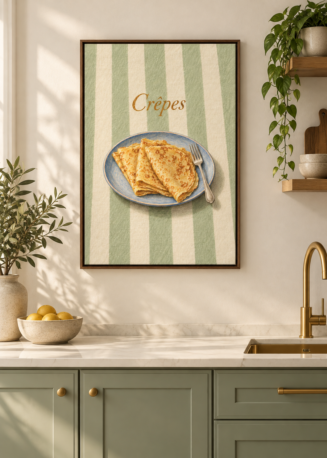 Crêpes – matte Leinwand mit braunem Schattenfugenrahmen ohne Glas in moderner Küche