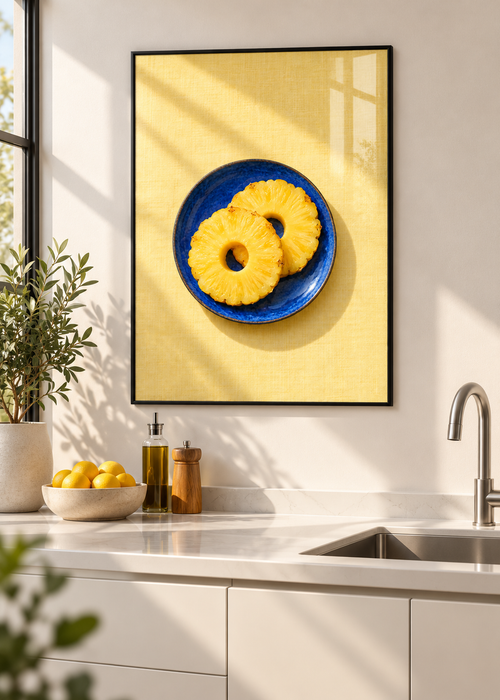 Ananasringe – Poster mit dünnem schwarzem Rahmen und Glas in moderner Küche