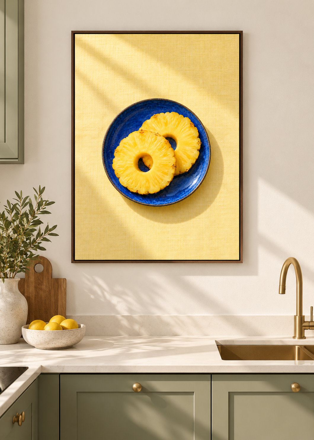 Ananasringe – matte Leinwand mit braunem Schattenfugenrahmen ohne Glas in moderner Küche