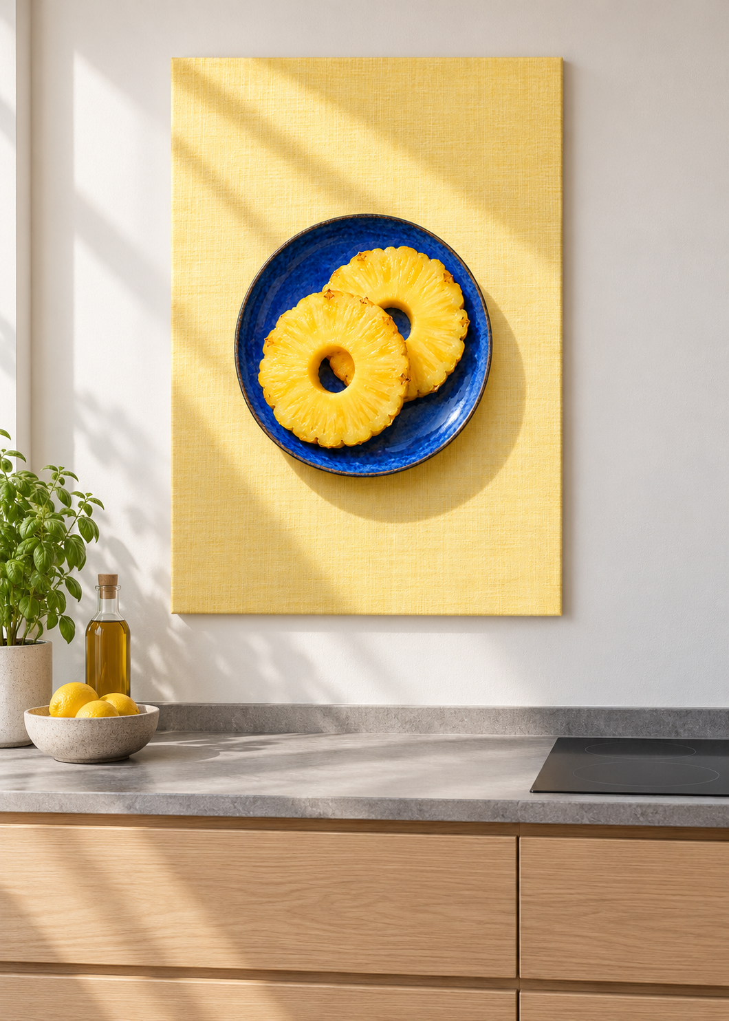 Ananasringe – matte rahmenlose Slim-Leinwand ohne Glas in moderner Küche