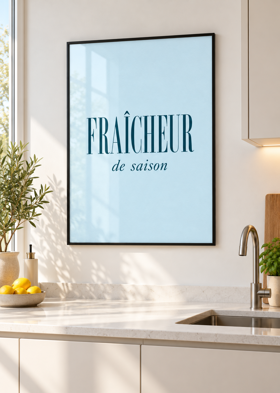 Fraîcheur de saison – Poster mit dünnem schwarzem Rahmen und Glas in moderner Küche