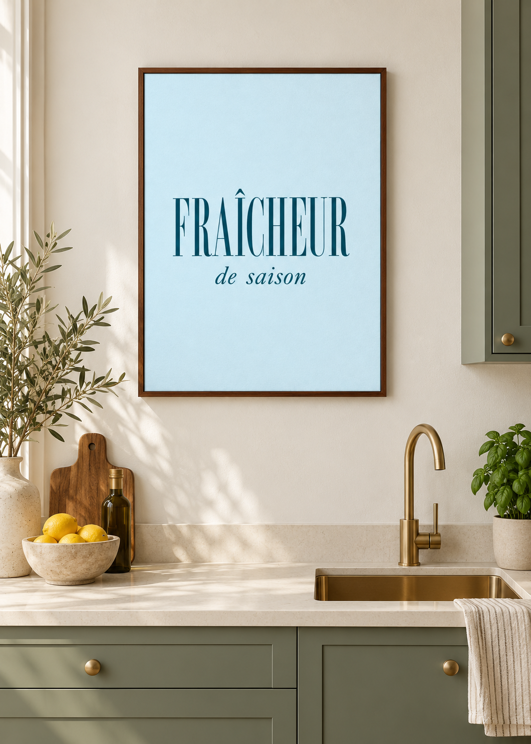 Fraîcheur de saison – matte Leinwand mit braunem Schattenfugenrahmen ohne Glas in moderner Küche