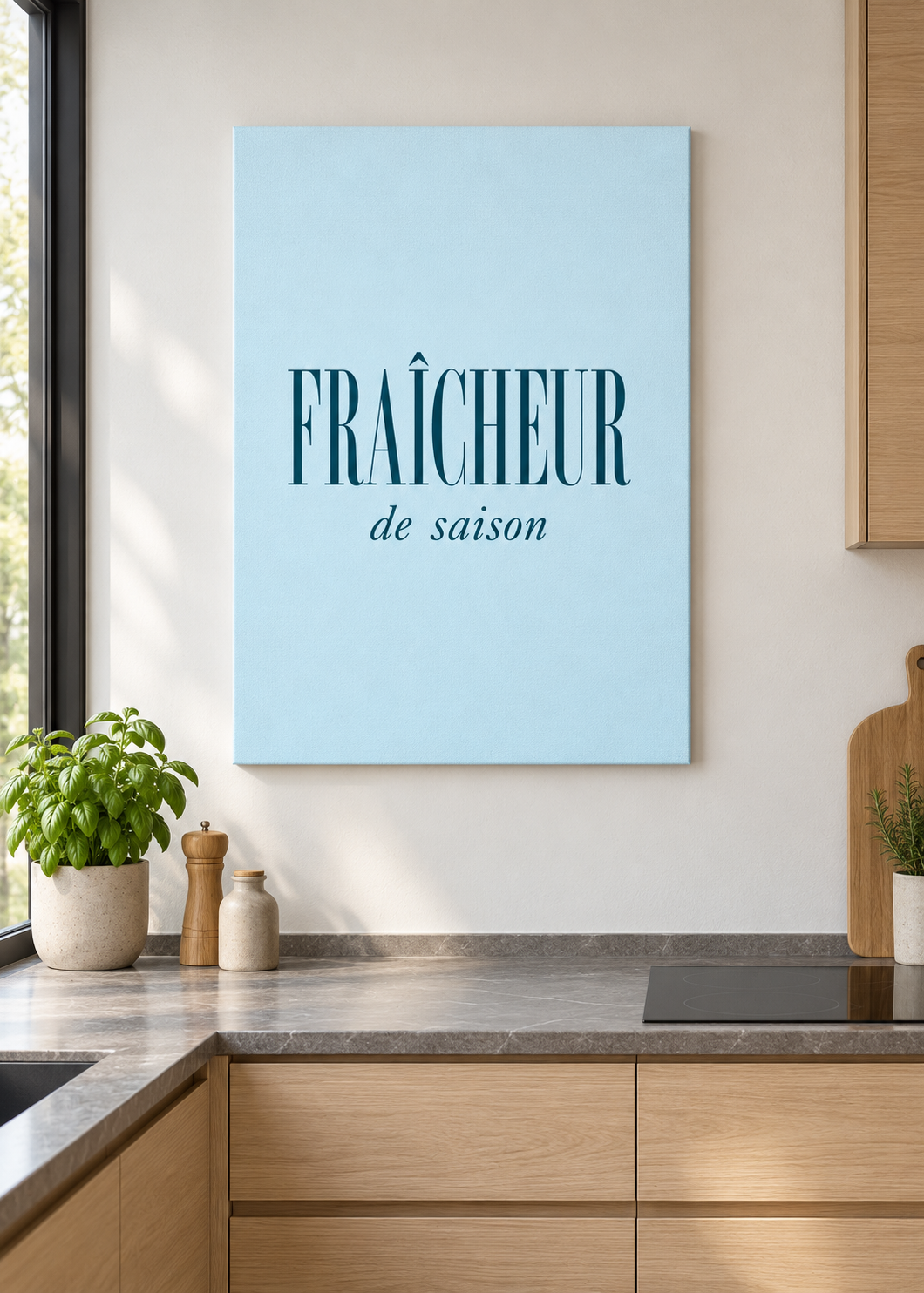 Fraîcheur de saison – matte rahmenlose Slim-Leinwand ohne Glas in moderner Küche