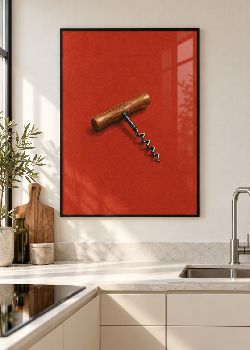 Korkenzieher – Poster mit dünnem schwarzem Rahmen und Glas in moderner Küche