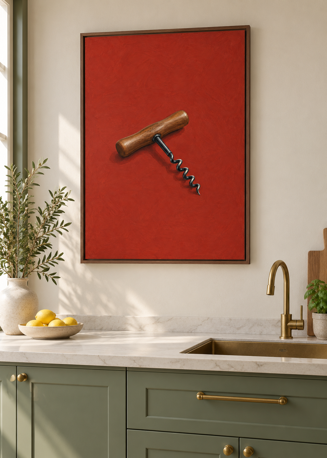 Korkenzieher – matte Leinwand mit braunem Schattenfugenrahmen ohne Glas in moderner Küche