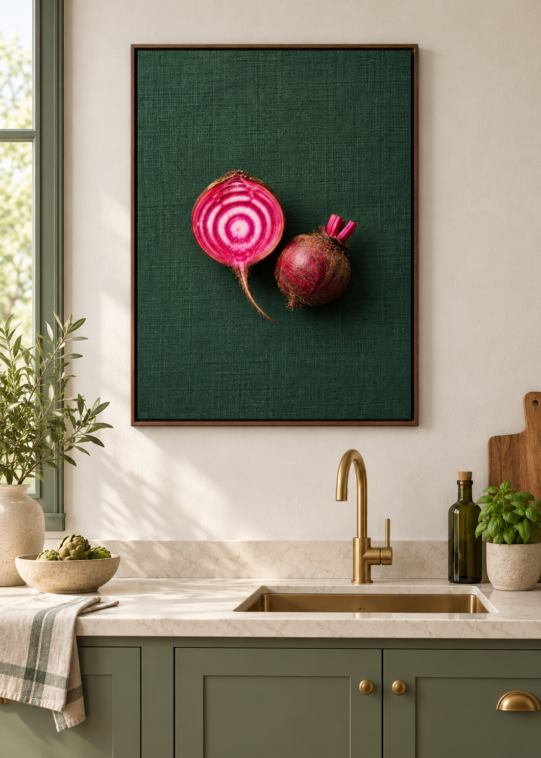 Chioggia-Rübe – matte Leinwand mit braunem Schattenfugenrahmen ohne Glas in moderner Küche